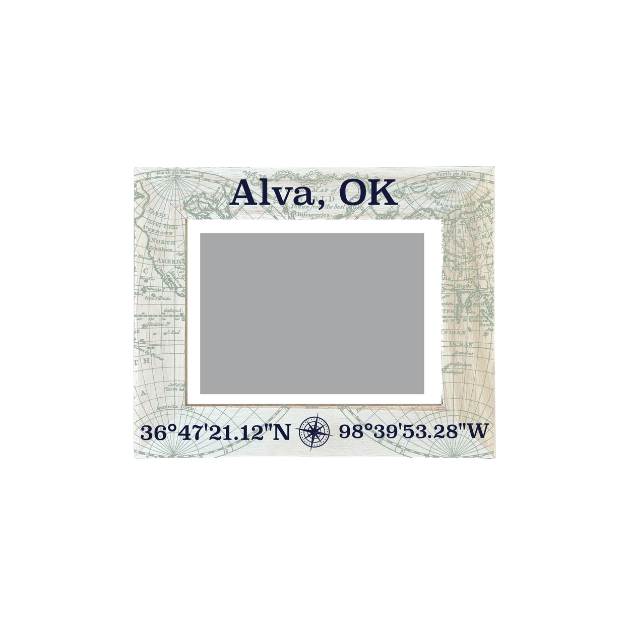 Alva Oklahoma Souvenir Wooden Photo Frame Compass Coordinates Design Matted To 4 X 6