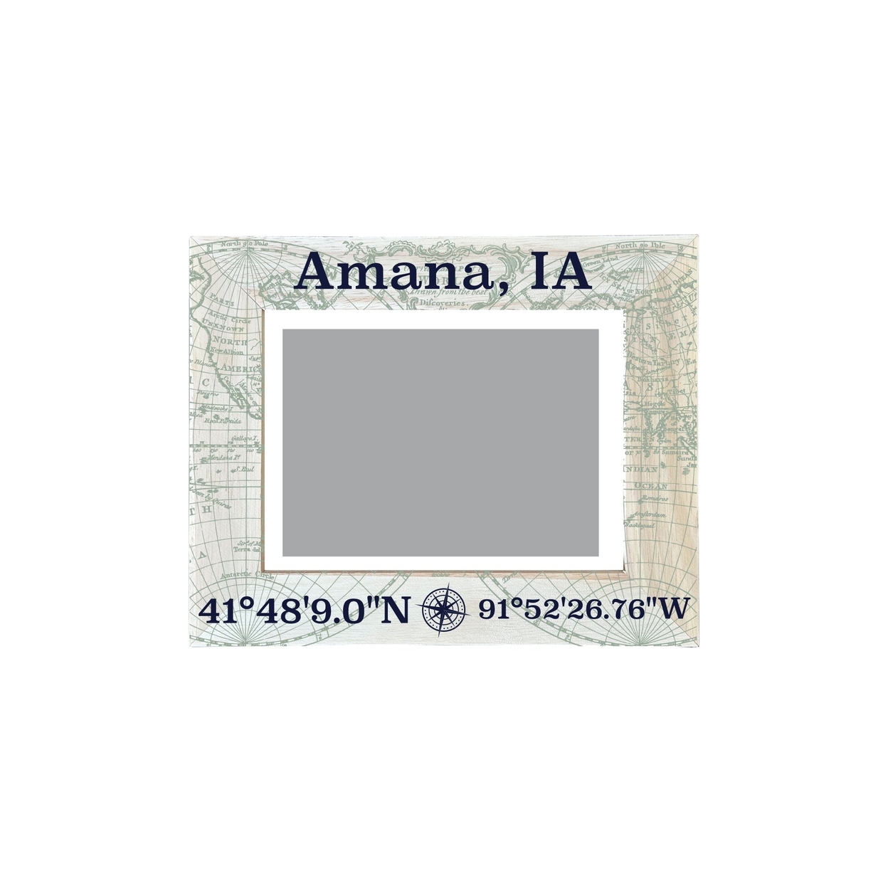 Amana Iowa Souvenir Wooden Photo Frame Compass Coordinates Design Matted To 4 X 6