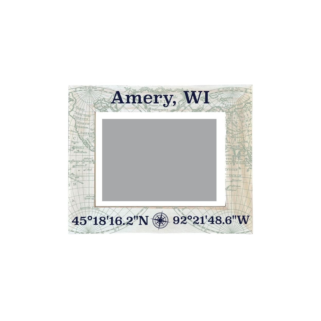 Amery Wisconsin Souvenir Wooden Photo Frame Compass Coordinates Design Matted To 4 X 6