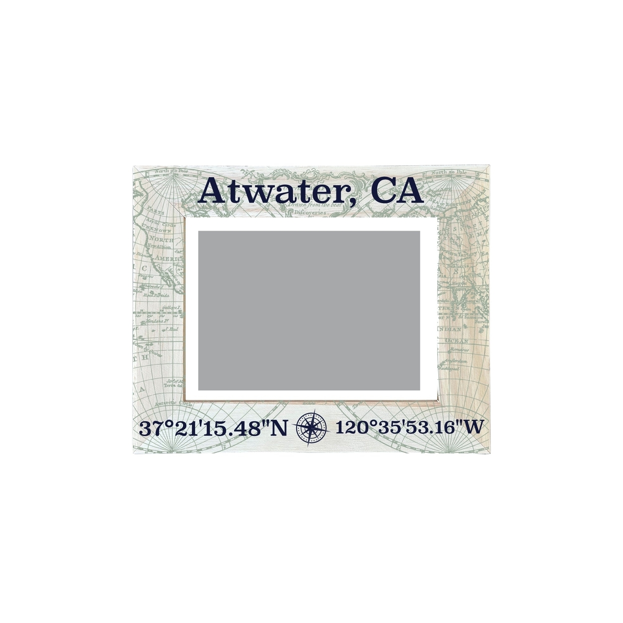 Atwater California Souvenir Wooden Photo Frame Compass Coordinates Design Matted To 4 X 6