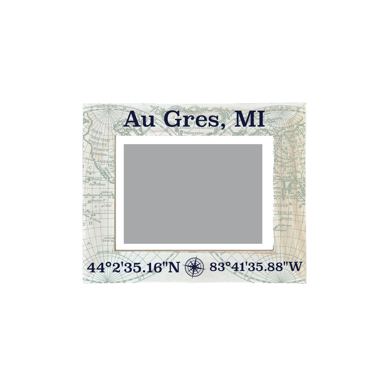 Au Gres Michigan Souvenir Wooden Photo Frame Compass Coordinates Design Matted To 4 X 6