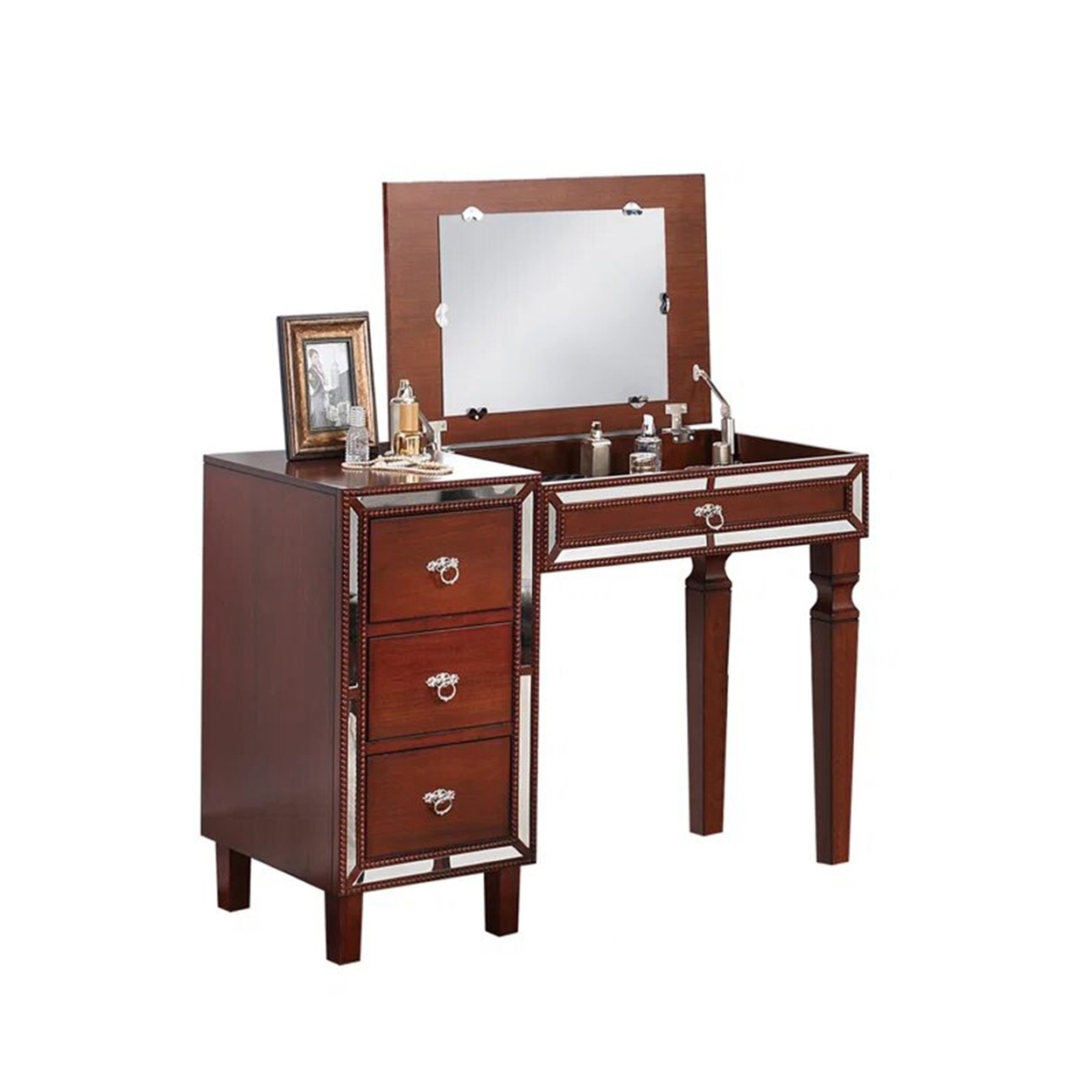 Sosi 47 Inch Vanity Desk Set With Stool, 3 Mirror Inlaid Drawers, Brown