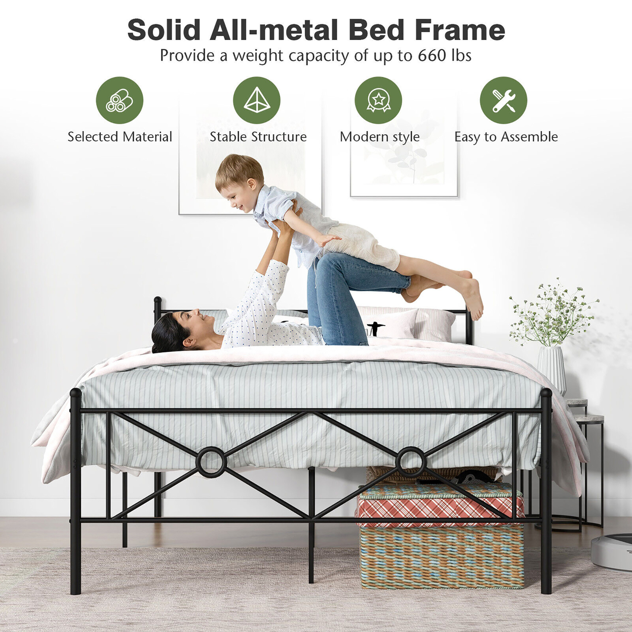 Full/Queen Size Metal Platform Bed Frame W/ Headboard Mattress Foundation Black - Full