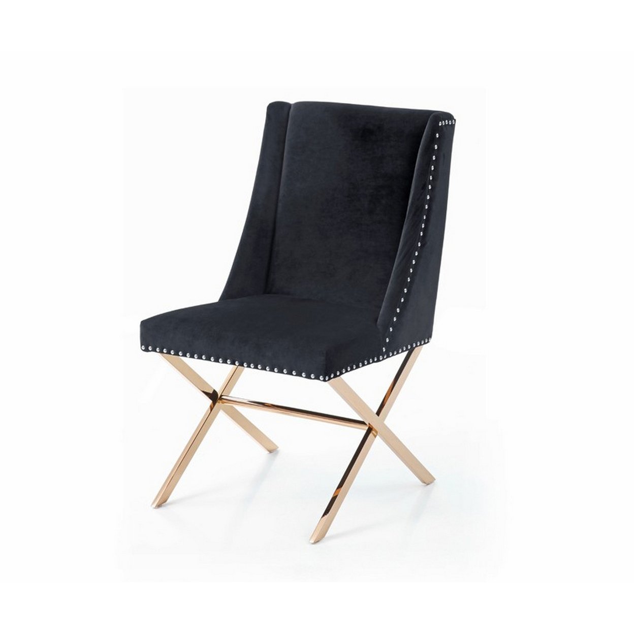 21 Inch Dining Chair, Genuine Black Leather, Rose Gold Steel, Nailhead Trim- Saltoro Sherpi