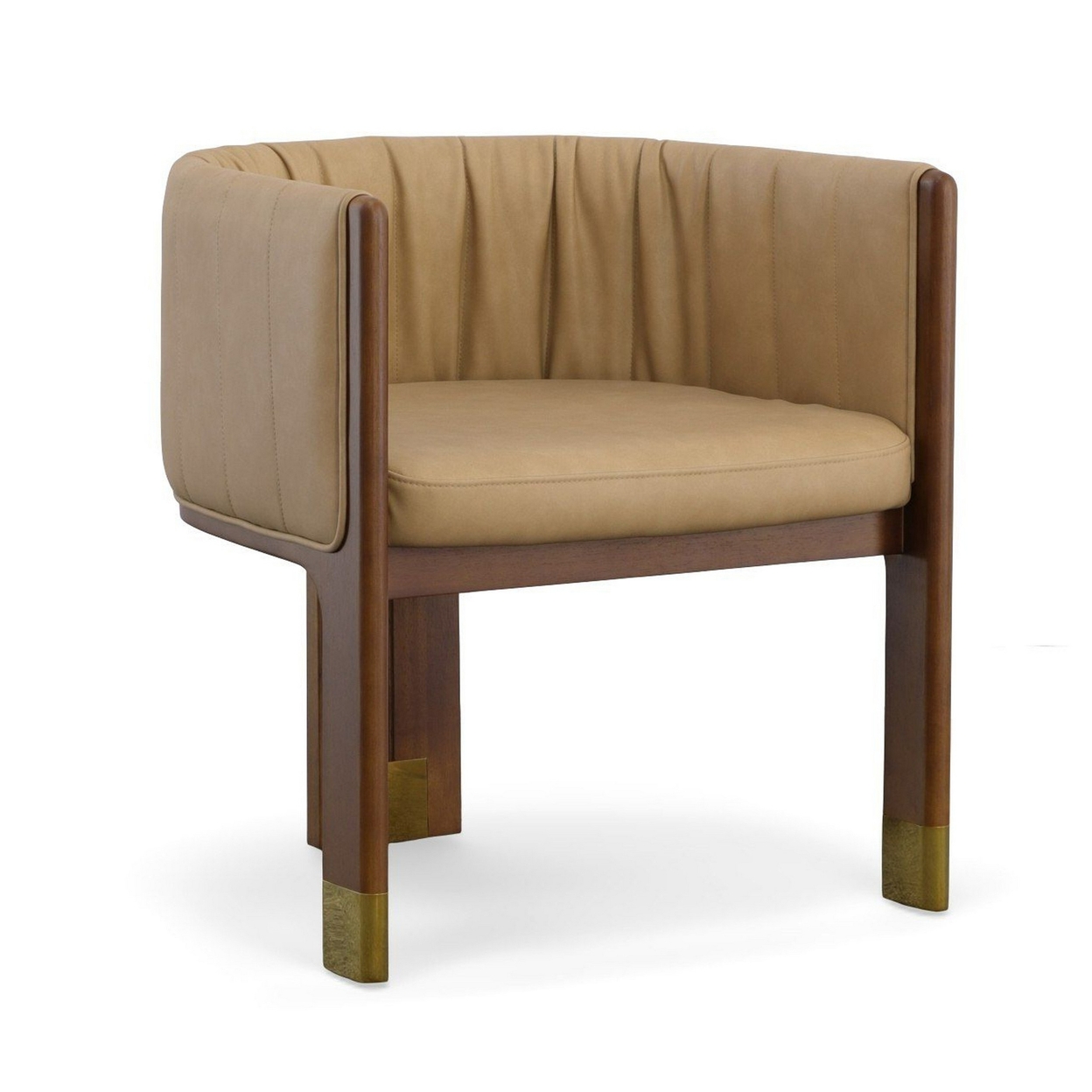 25 Inch Modern Dining Chair, Tan Vegan Faux Leather, Walnut Wood Frame- Saltoro Sherpi