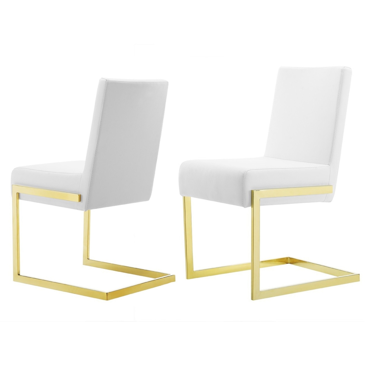 19 Inch Dining Chair, Set Of 2, White Vegan Leather, Gold Cantilever Base- Saltoro Sherpi