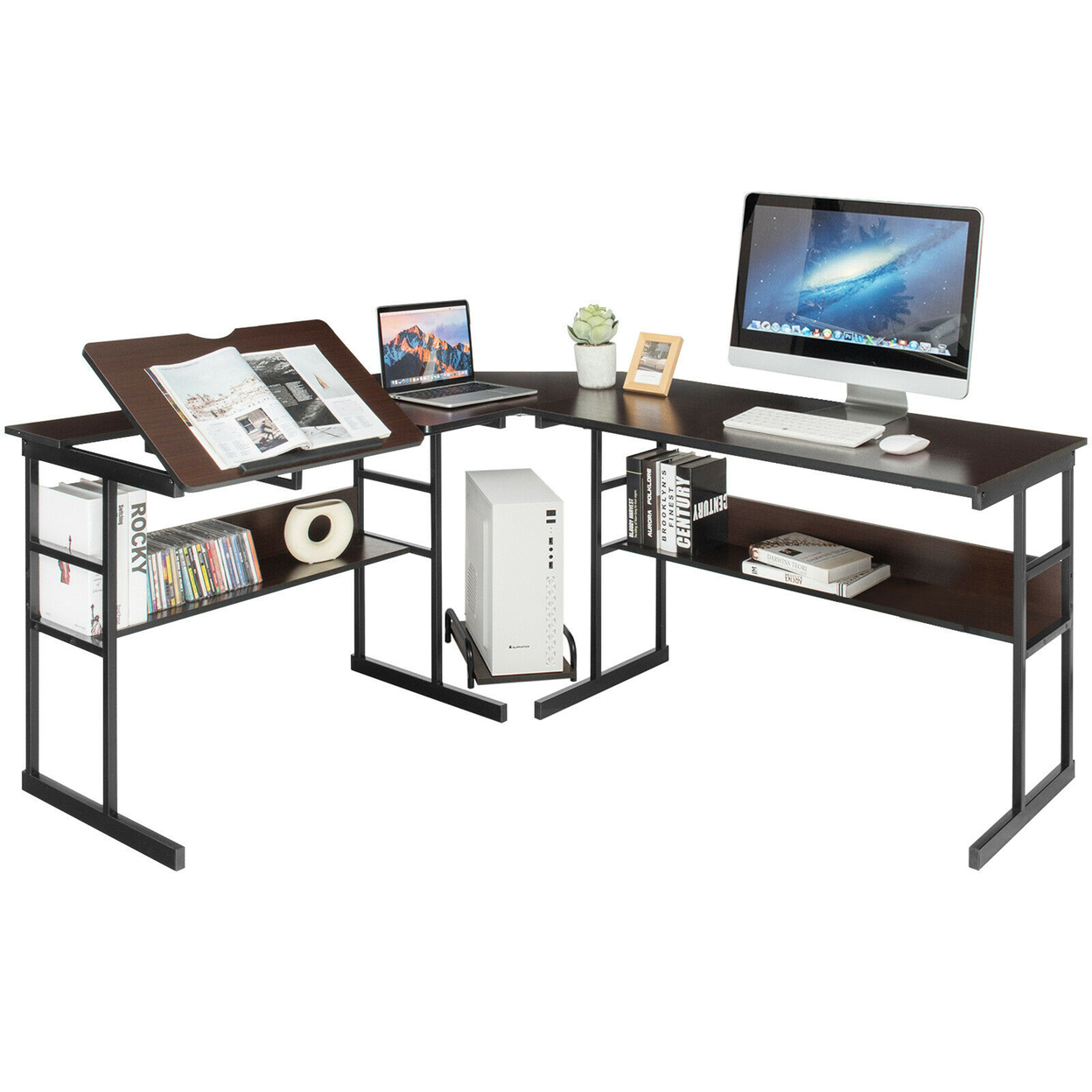 L-Shaped Computer Desk Drafting Table Workstation W/ Tiltable Tabletop - Espresso