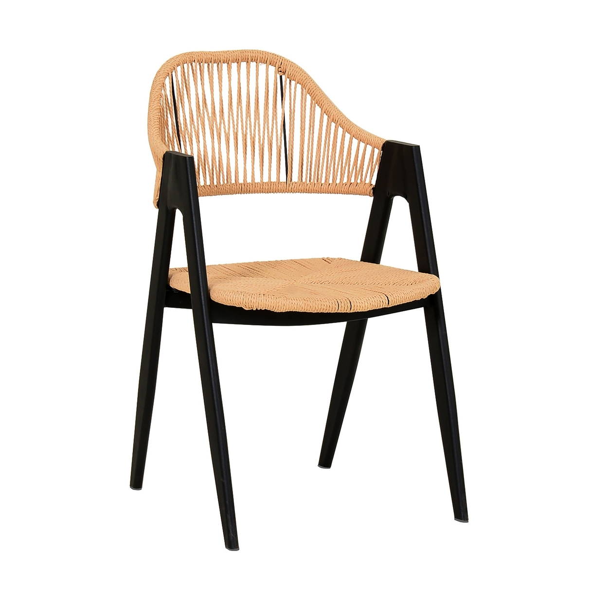 19 Inch Dining Chair, Set Of 2, Natural Rattan Weave, Black Metal Frame- Saltoro Sherpi