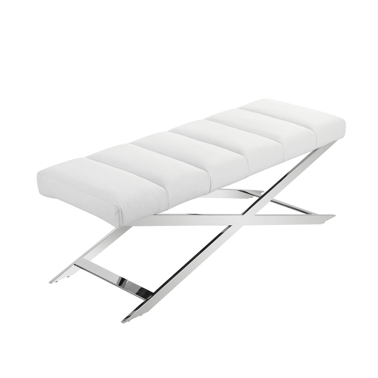 47 Inch Tufted Modern Bench, White Faux Leather, Cross Design Silver Base- Saltoro Sherpi
