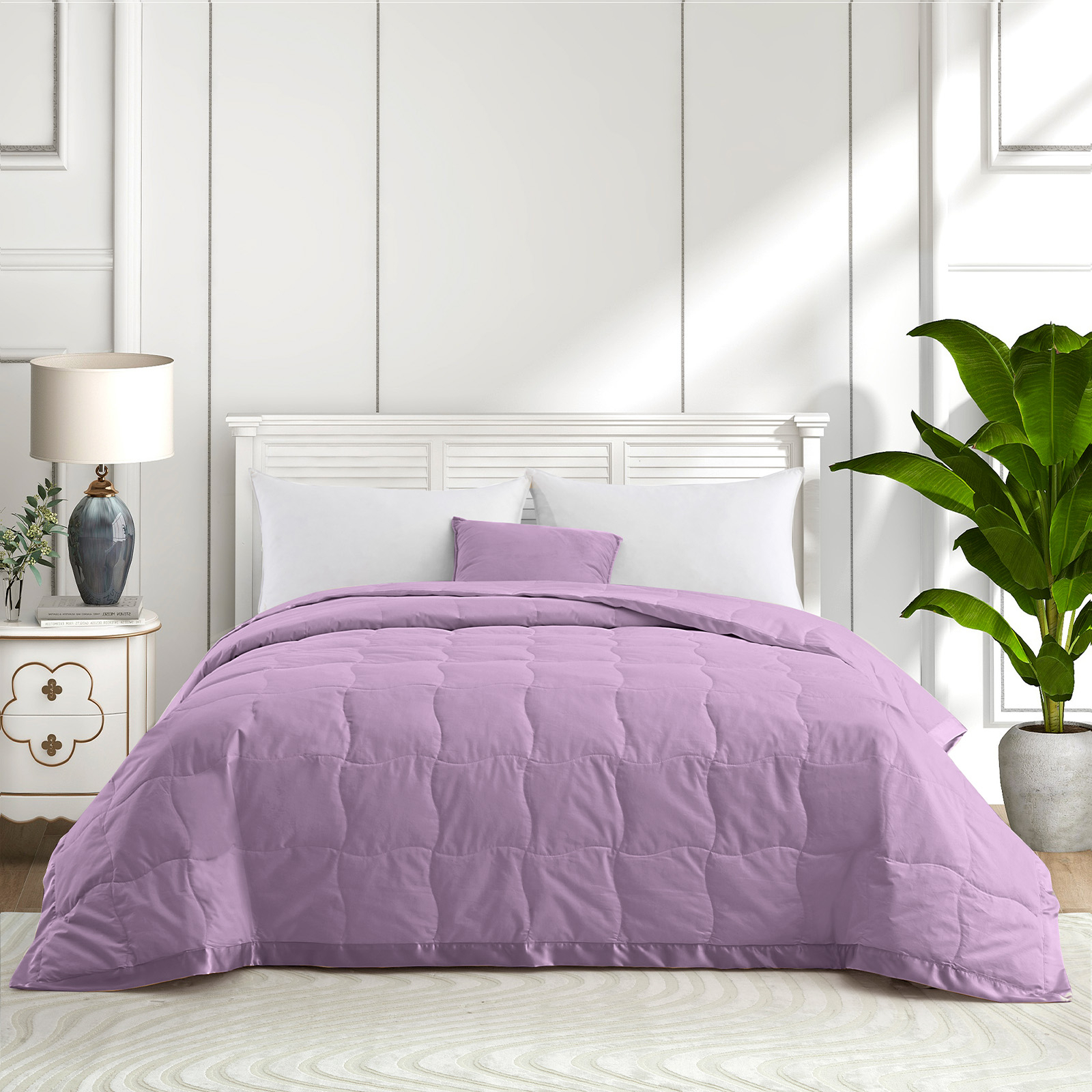 Lightweight Down Blanket, Cotton Cover Oversize Blanket, Satin Weave - Purple, 108 X 90
