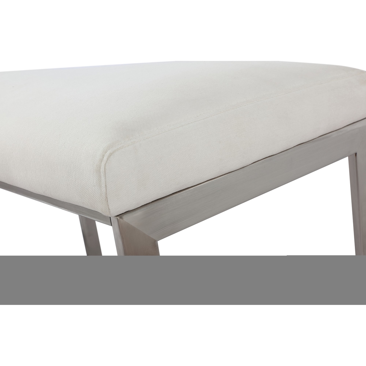 60 Inch Dining Bench, White Fabric Padded Seat, Brushed Silver Steel Base - Saltoro Sherpi