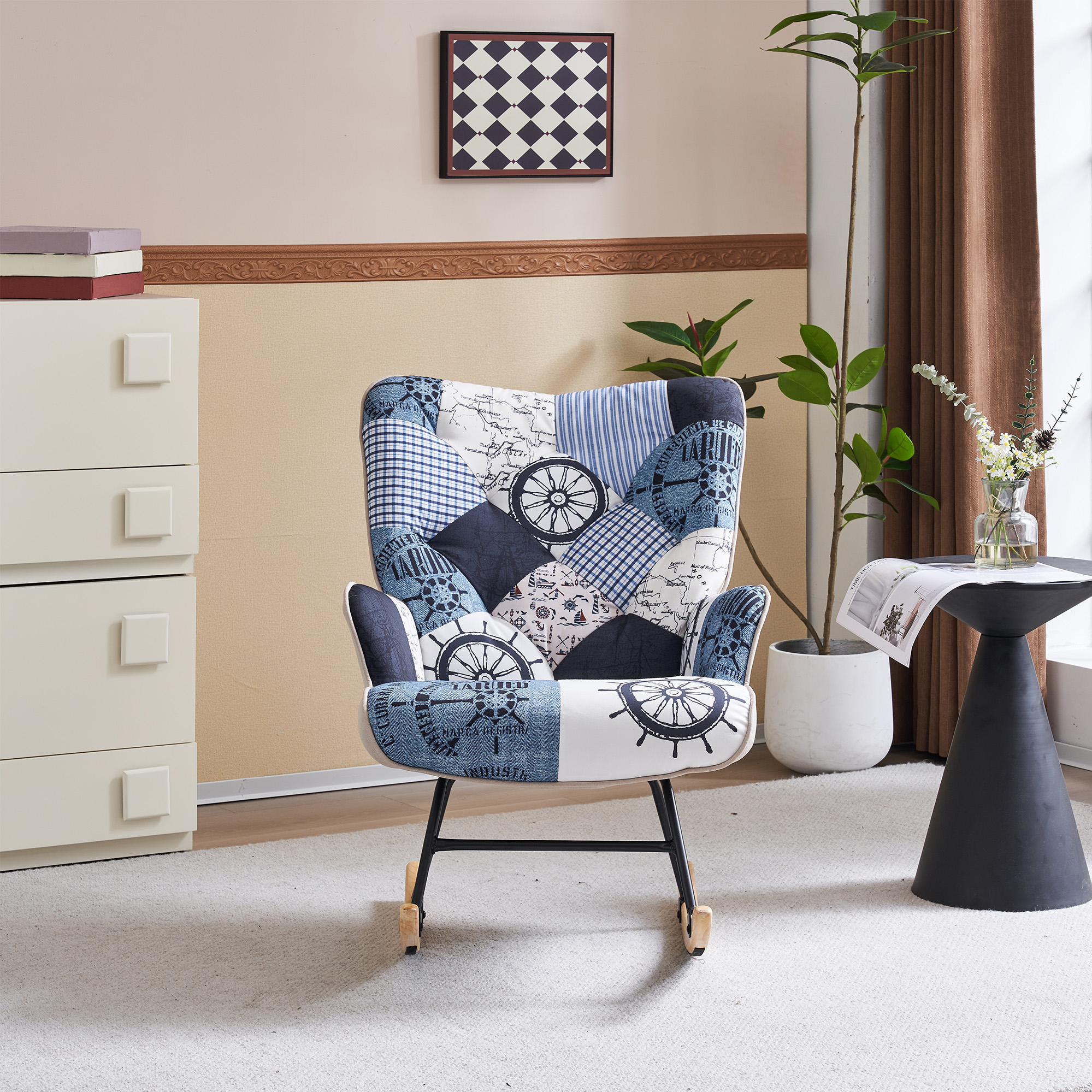 Patchwork Design Faux Linen Rocking Chair Nursery, Upholstered Nursing Armchair With Wooden Base, Baby Glider Rocker With Backrest