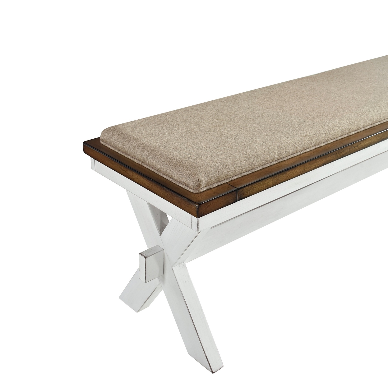 60 Inch Bench, Polyester Upholstery, Crossed Legs, Antique White Finish- Saltoro Sherpi