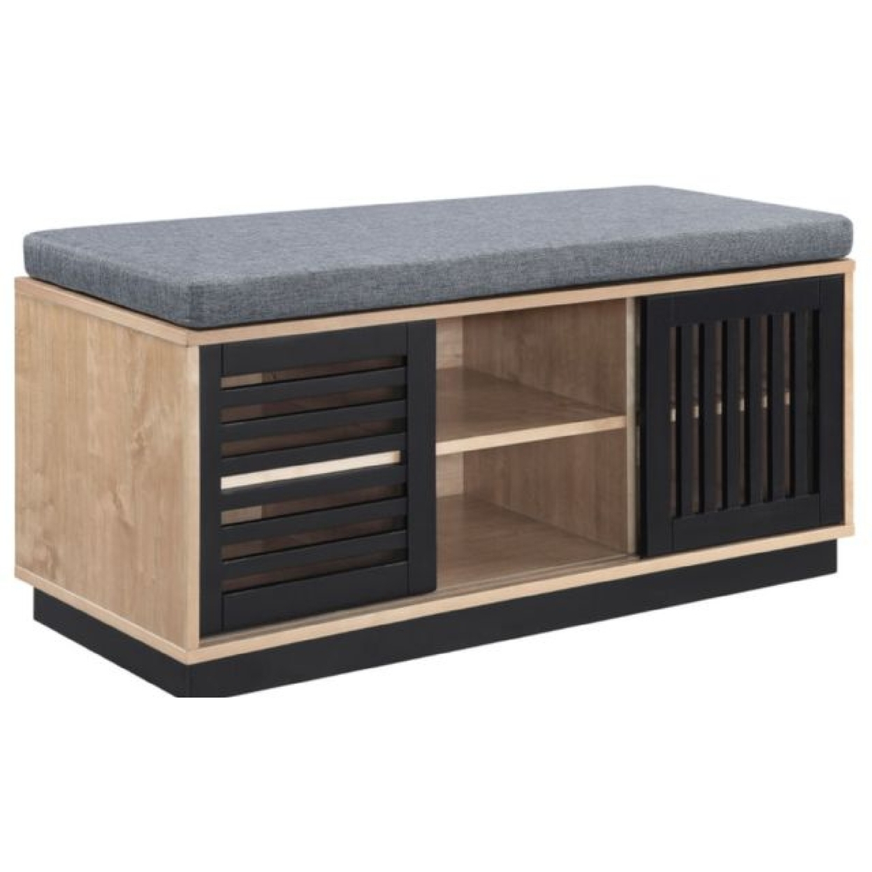 Nael 39 Inch Wood Bench With Cushioned Seat, 2 Slatted Cabinets, Oak, Black- Saltoro Sherpi