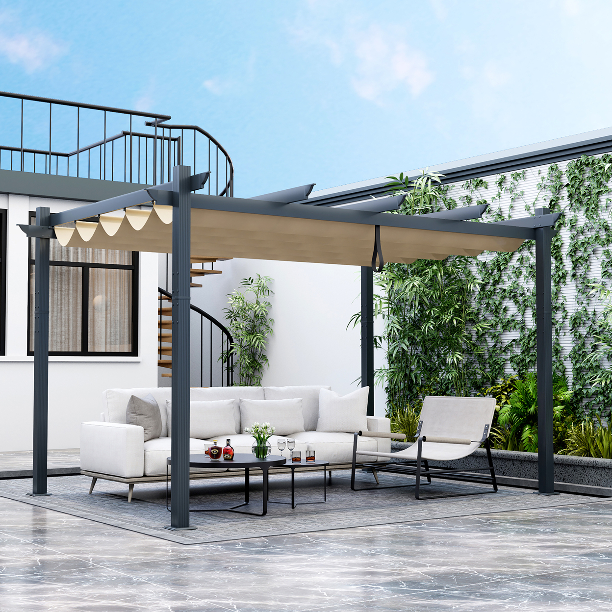 10 X 13ft Outdoor Aluminum Retractable Pergola Canopy Shelter Grape Trellis - Beige