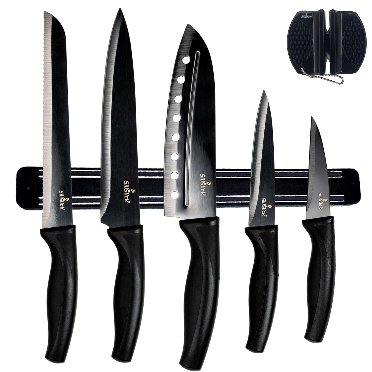 Kitchen Knife Set Kit , Black Handle, Black Blade & Black Magnetic Rack