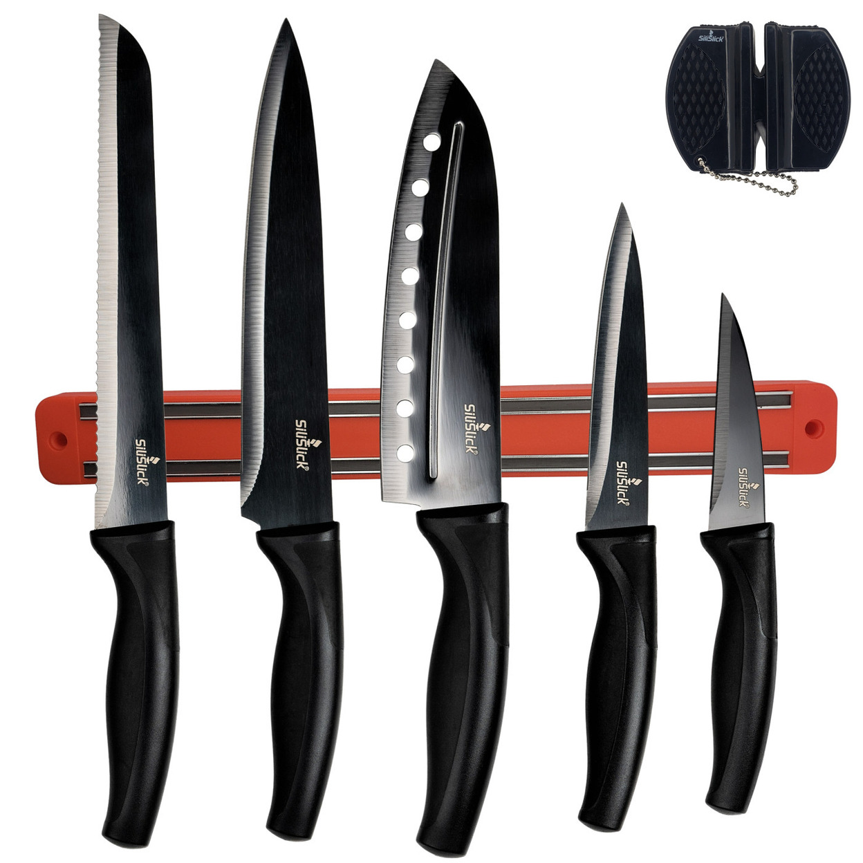 Kitchen Knife Set Kit , Black Handle, Black Blade & Red Magnetic Rack