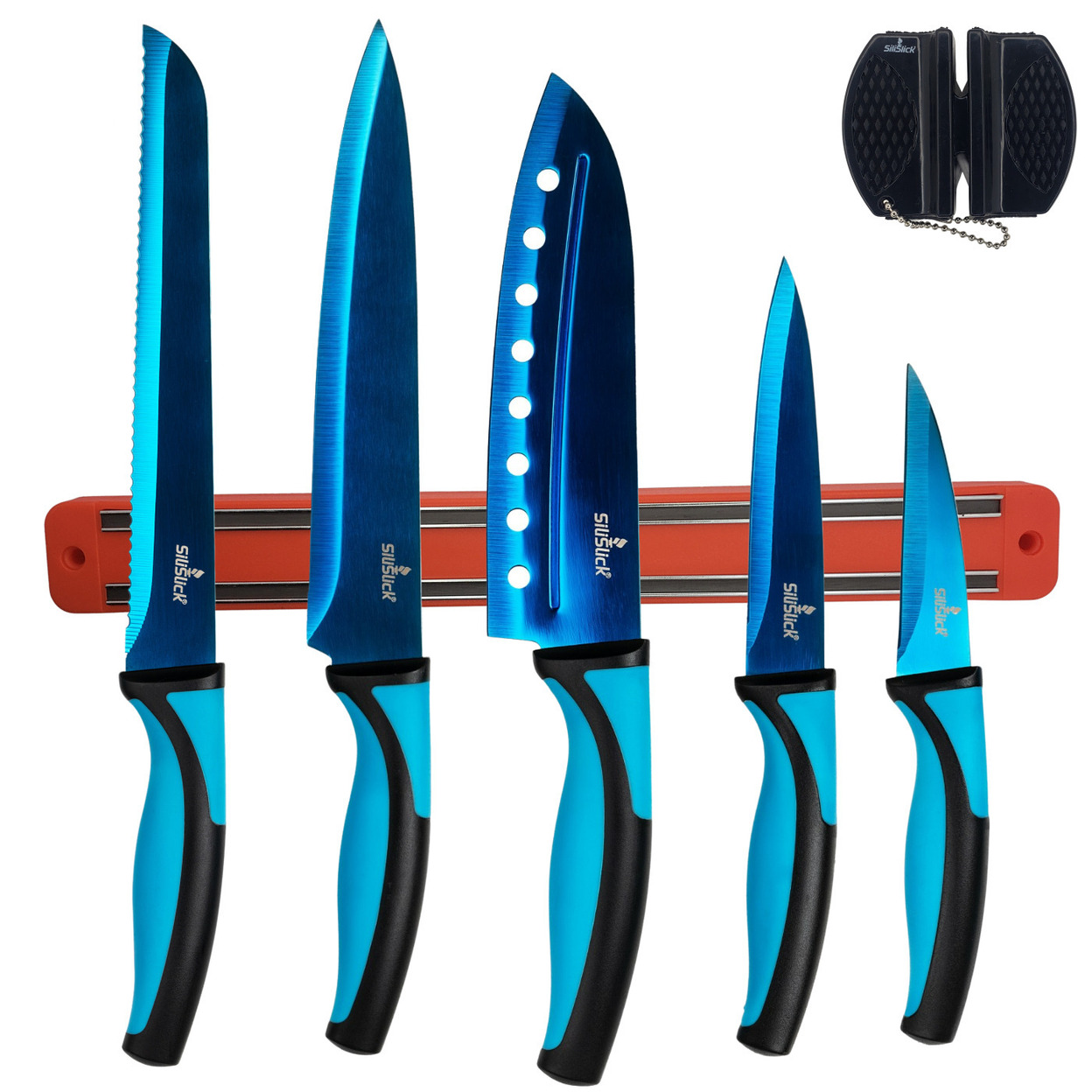 Kitchen Knife Set Kit , Blue Handle, Blue Blade & Red Magnetic Rack