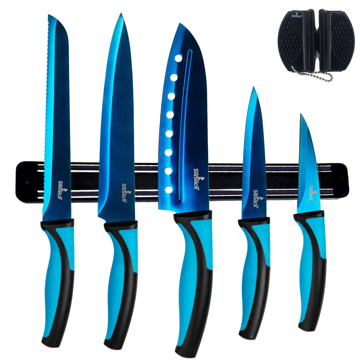 Kitchen Knife Set Kit , Blue Handle, Blue Blade & Black Magnetic Rack