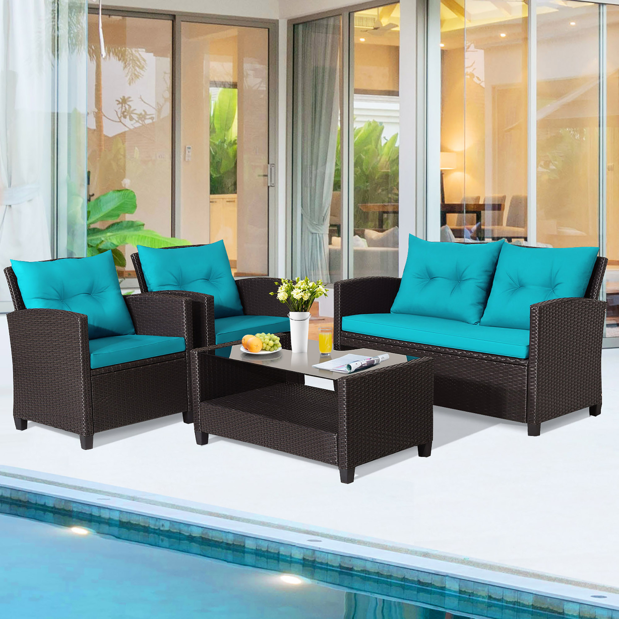 4PCS Outdoor Conversation Set Patio PE Rattan Set W/ Glass Table & Sofa Cushions - Turquoise