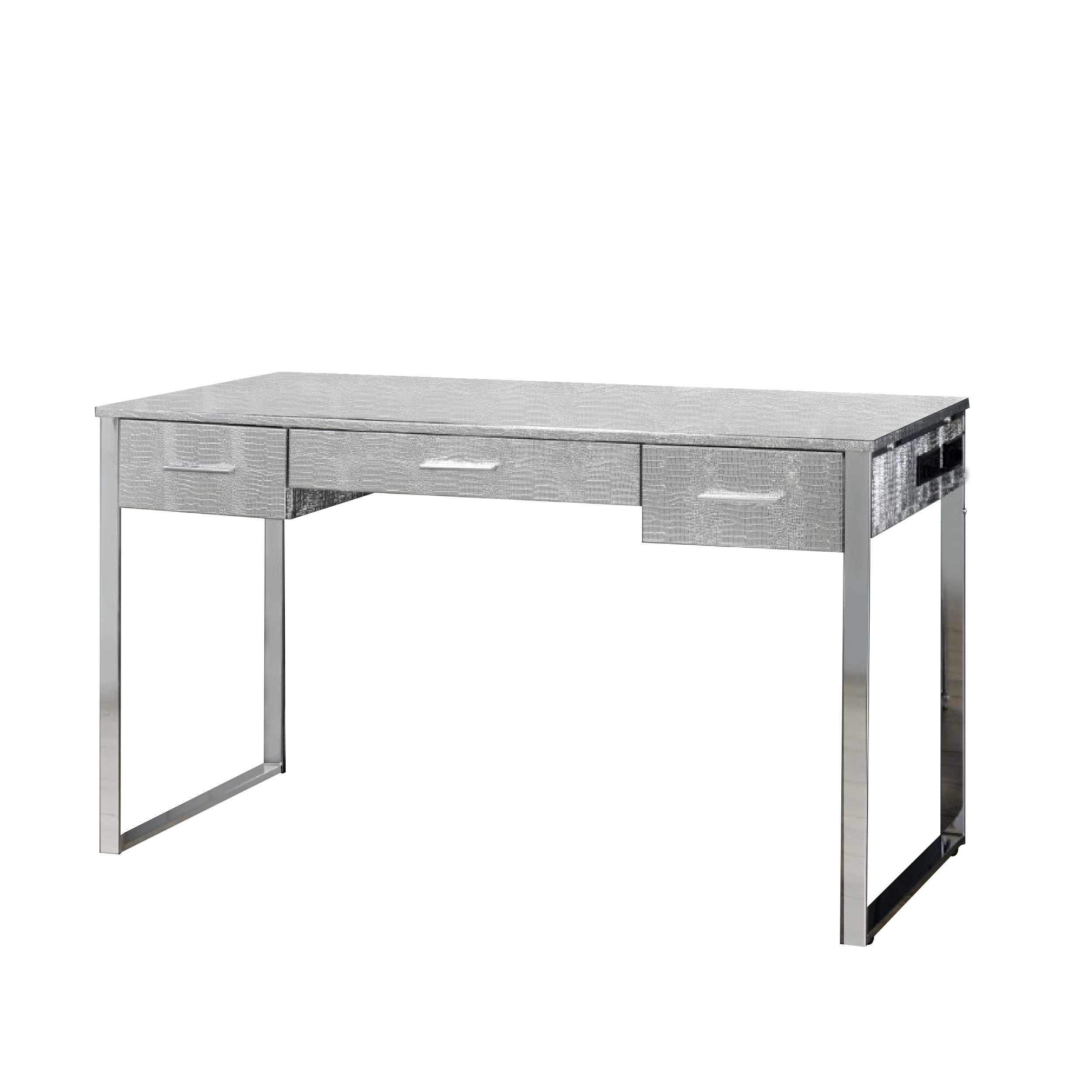 San 50 Inch Textured Vanity Desk With Round Mirror, Metal Sled Base, Chrome- Saltoro Sherpi