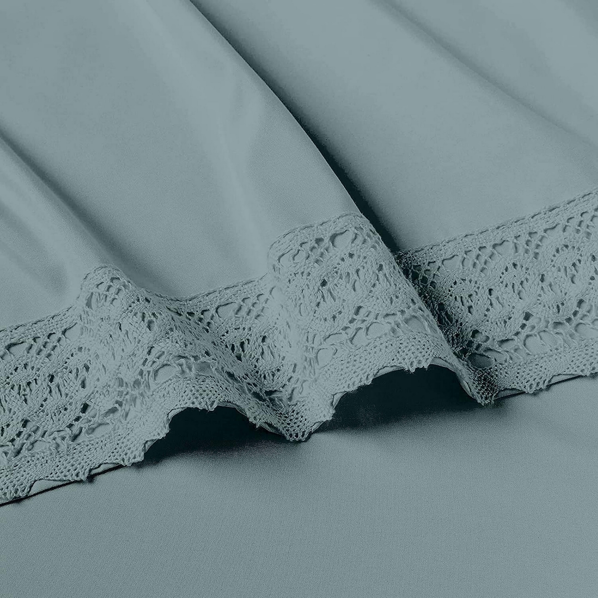 Edra 4 Piece Microfiber King Size Sheet Set With Crochet Lace, Teal Gray- Saltoro Sherpi