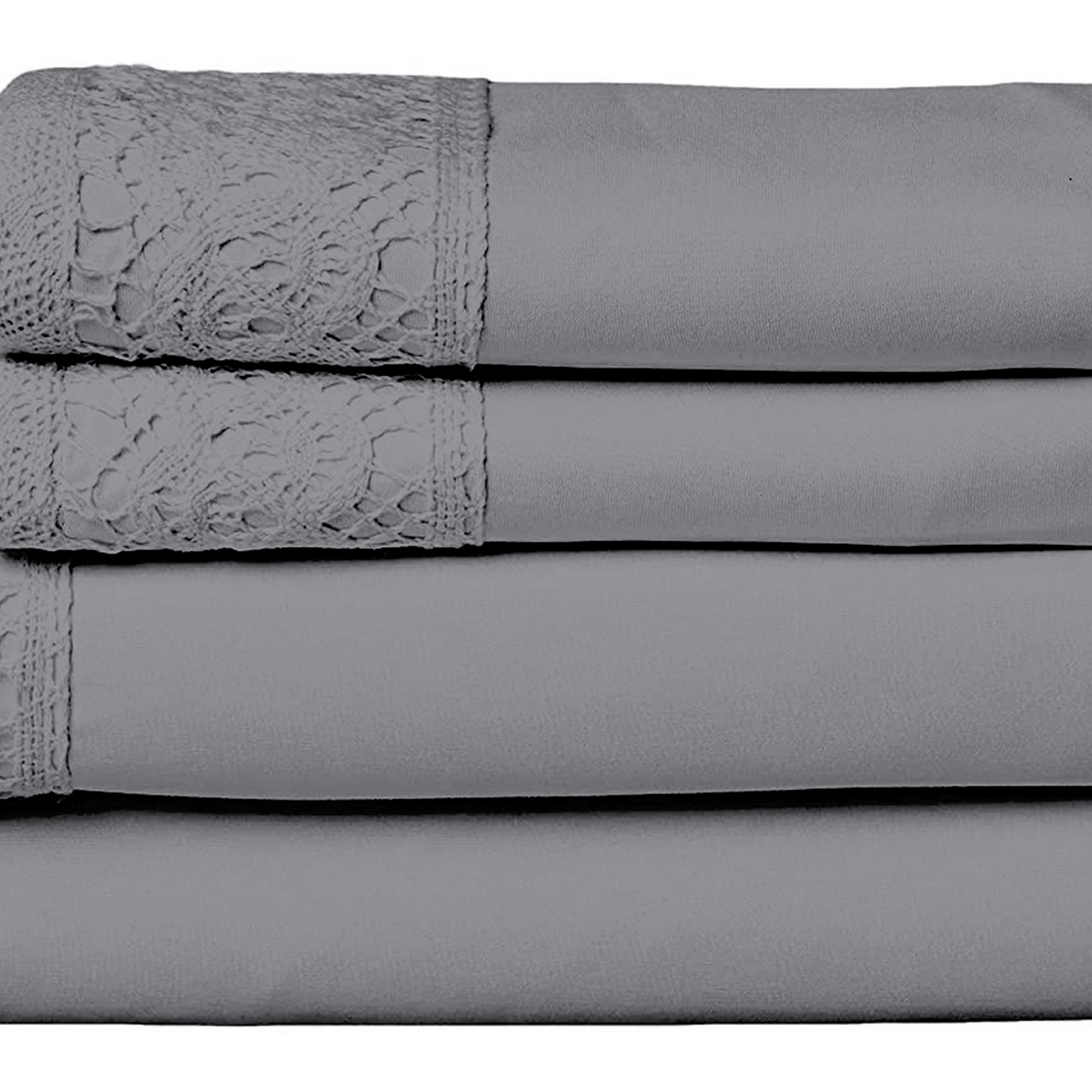 Edra 4 Piece Microfiber Queen Size Bed Sheet Set With Crochet Lace, Gray- Saltoro Sherpi