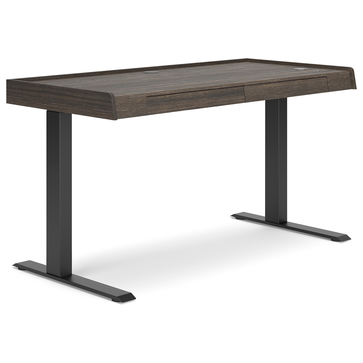 55 Inch Desk, Power Adjustable Height, USB Ports, Wood Grain, Dark Brown - Saltoro Sherpi