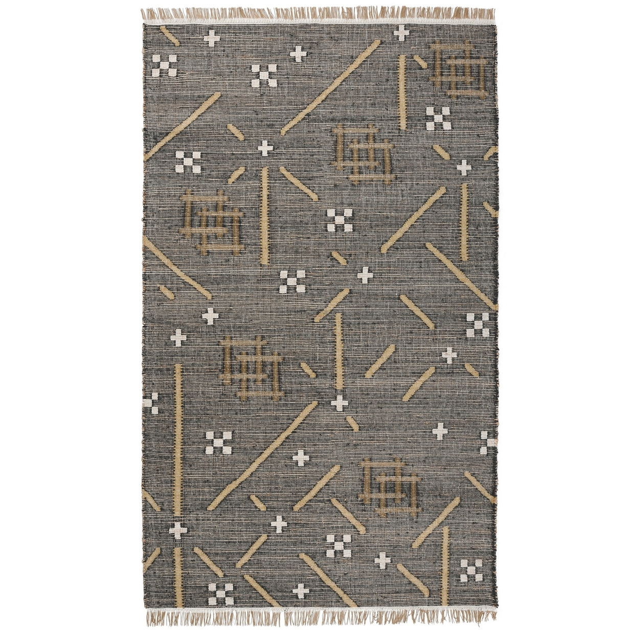 Hona 5 X 8 Medium Handwoven Area Rug, Multicolor Geometric Patterns, Black- Saltoro Sherpi