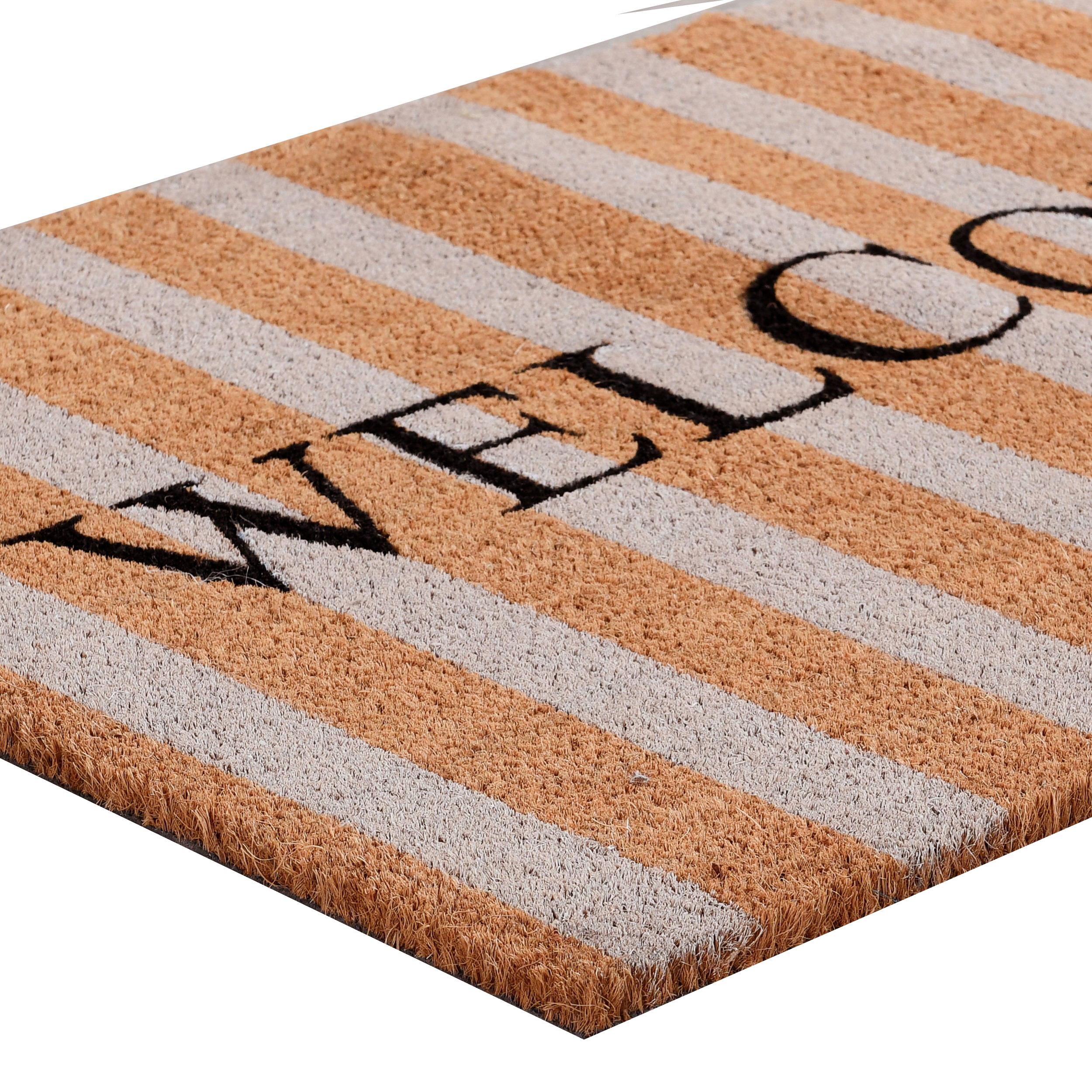 Oy 24 X 36 Coir Welcome Doormat, Hand Screen Print, Brown And Ivory Stripes- Saltoro Sherpi
