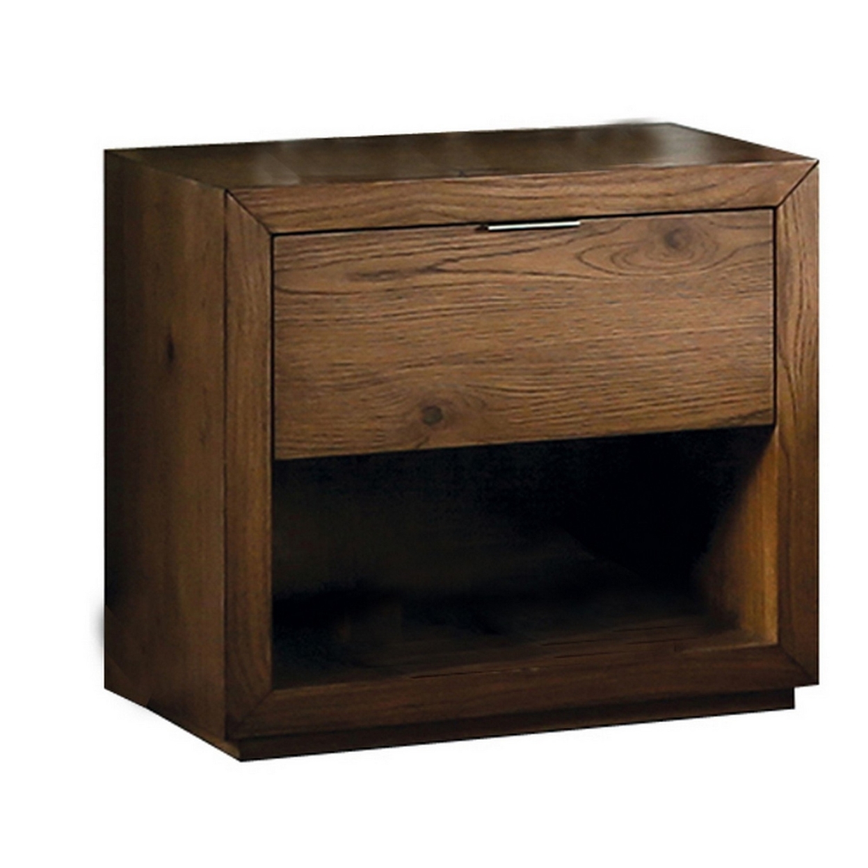 Lier 26 Inch Nightstand, Walnut Brown Wood, Single Drawer, Open Shelf - Saltoro Sherpi