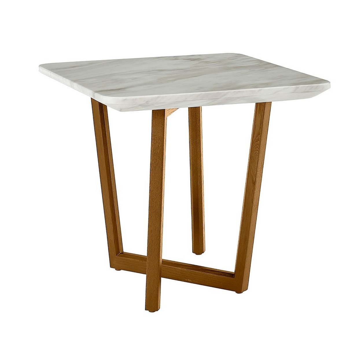 22 Inch Side End Table, Ceramic White Faux Marble Surface, Walnut Base - Saltoro Sherpi