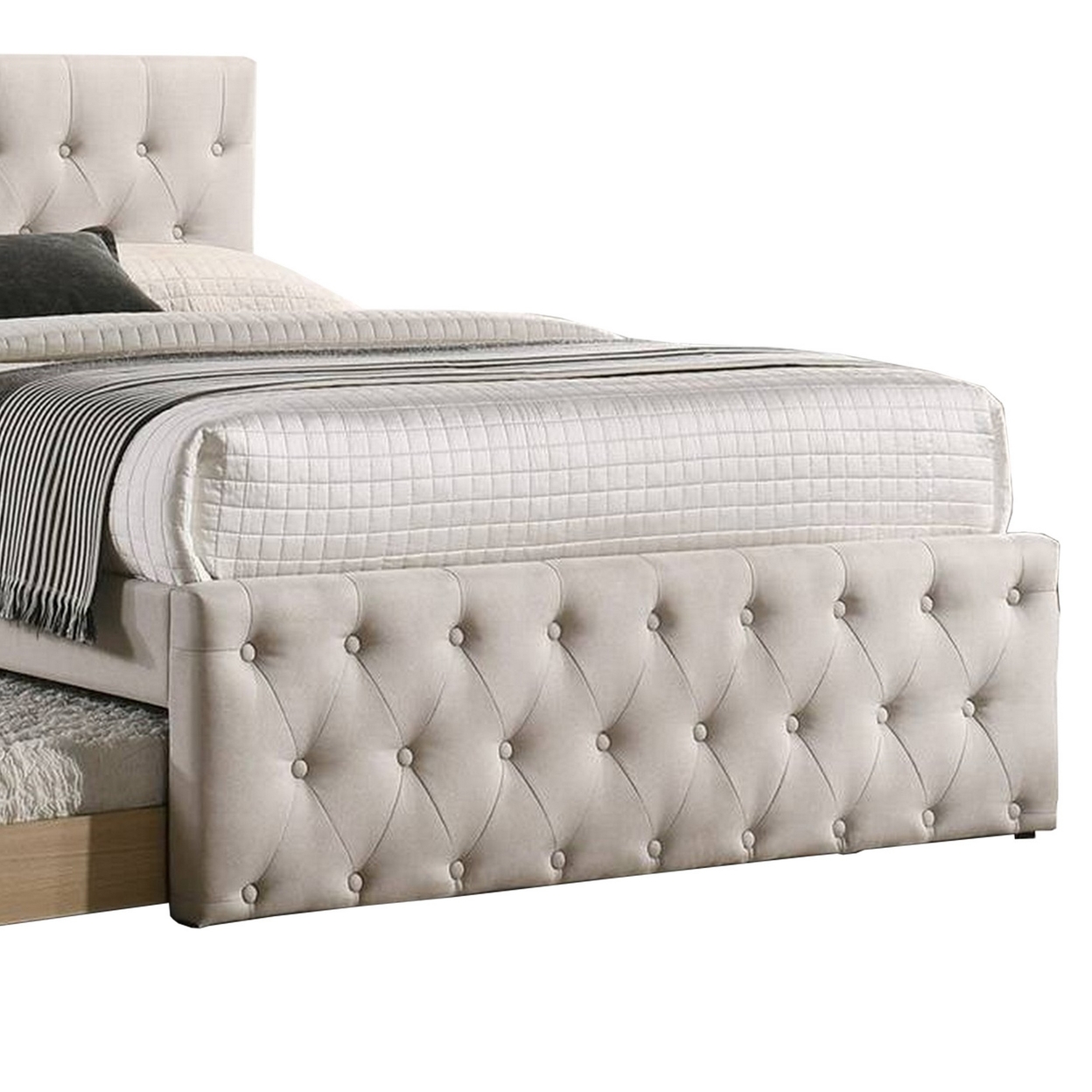 Nek Wood Twin Size Upholstered Bed With Trundle, Tufted, Taupe Burlap Frame- Saltoro Sherpi