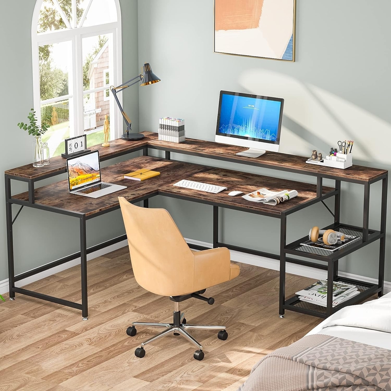 Tribesigns 69 Inch L Shaped Desk With Monitor Stand, Large Reversible Corner Desk With Storage Shelf - Rustic Brown
