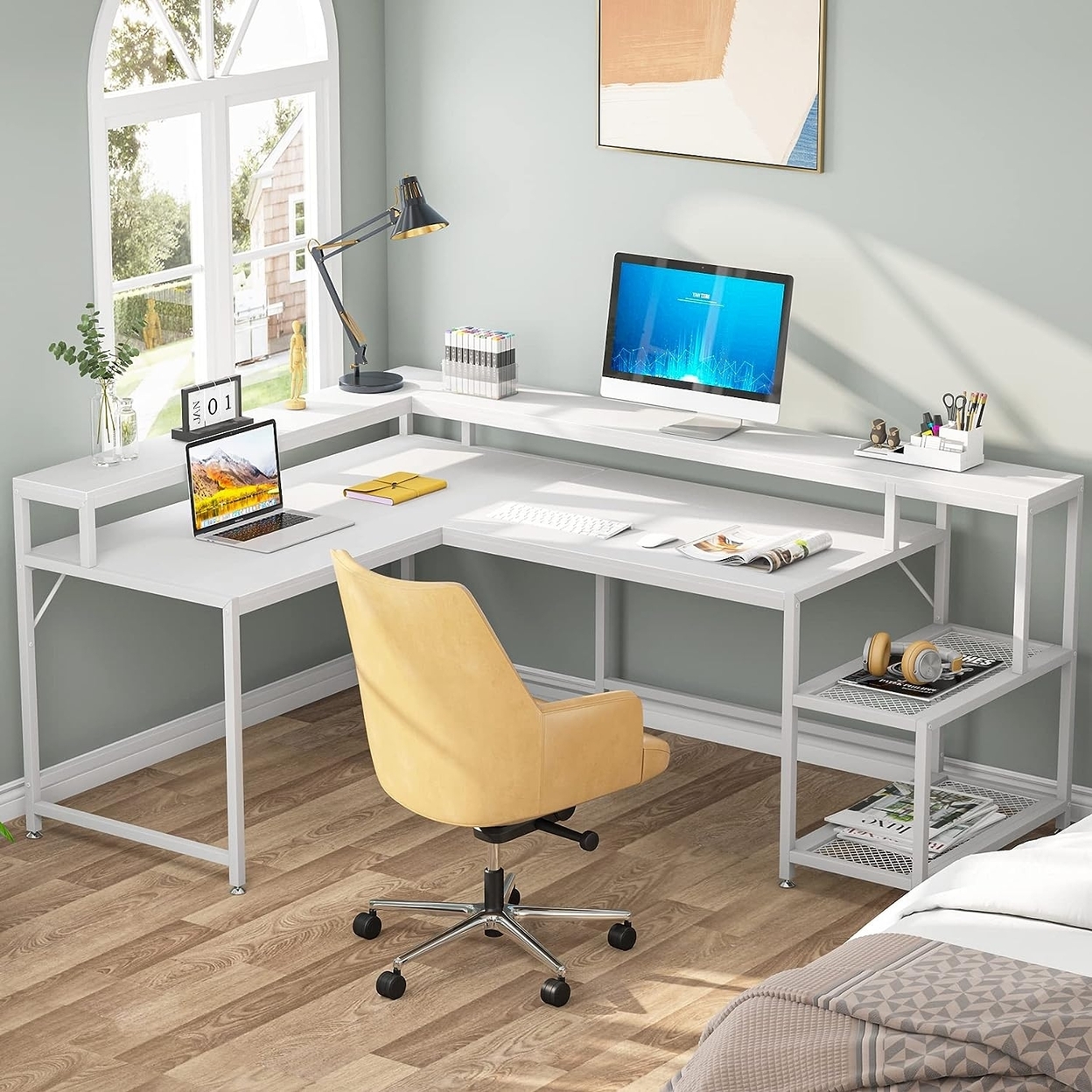 Tribesigns 69 Inch L Shaped Desk With Monitor Stand, Large Reversible Corner Desk With Storage Shelf - White