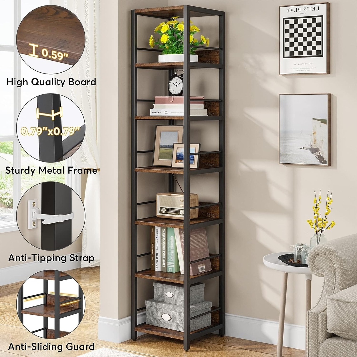 Tribesigns 6-Tier Corner Shelf, 75 Inch Tall Narrow Bookshelf Storage Rack, Etagere Shelves Display Stand For Small Spaces