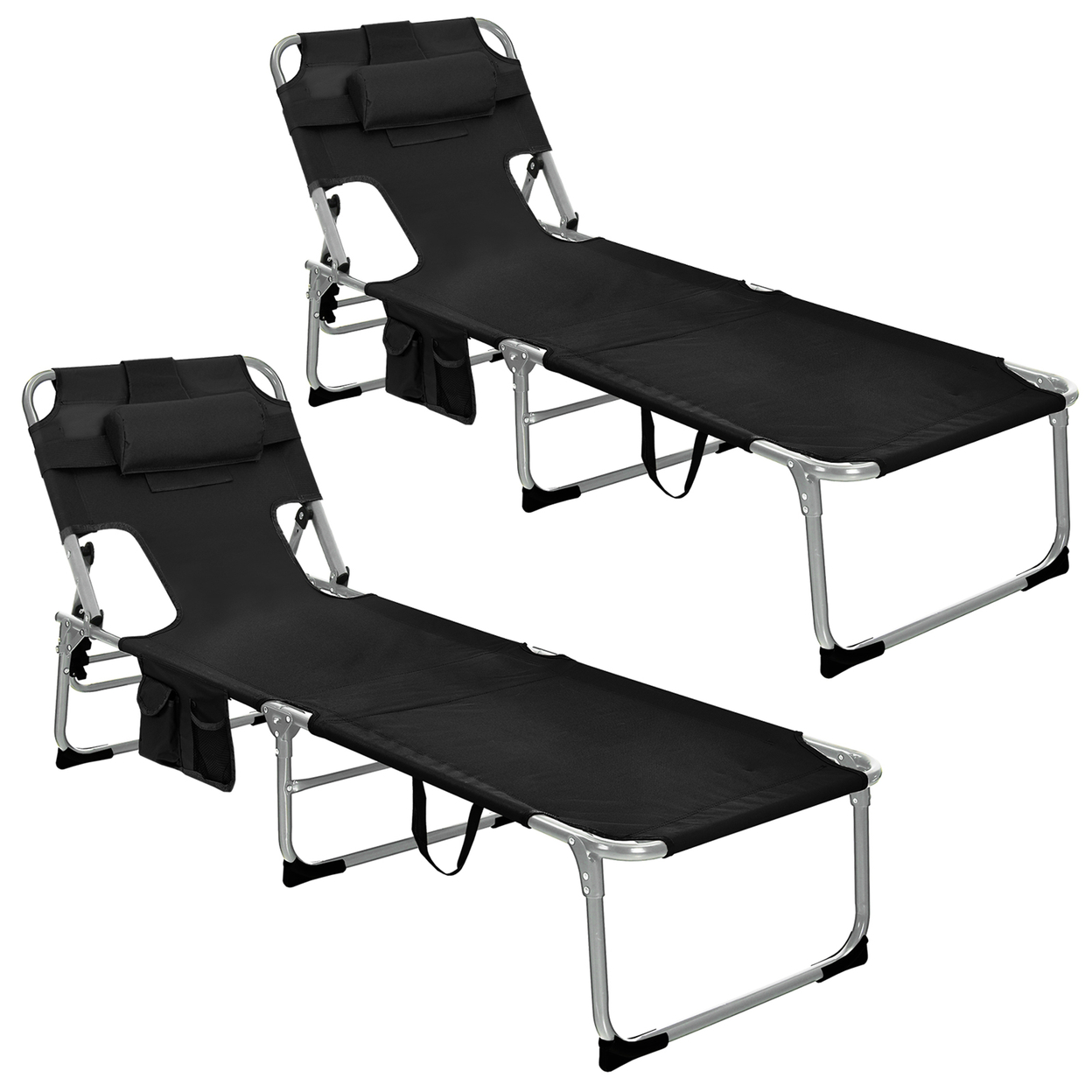 Set Of 2 Beach Chaise Lounge Chair Folding Reclining Chair W/ Facing Hole - Black
