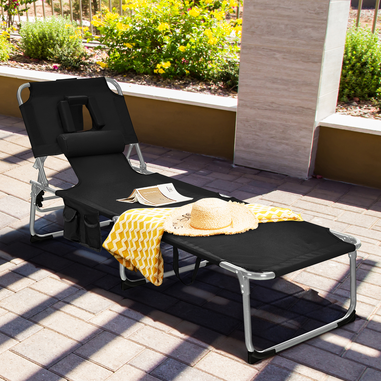 Portable Beach Chaise Lounge Chair Folding Reclining Chair W/ Facing Hole - Black