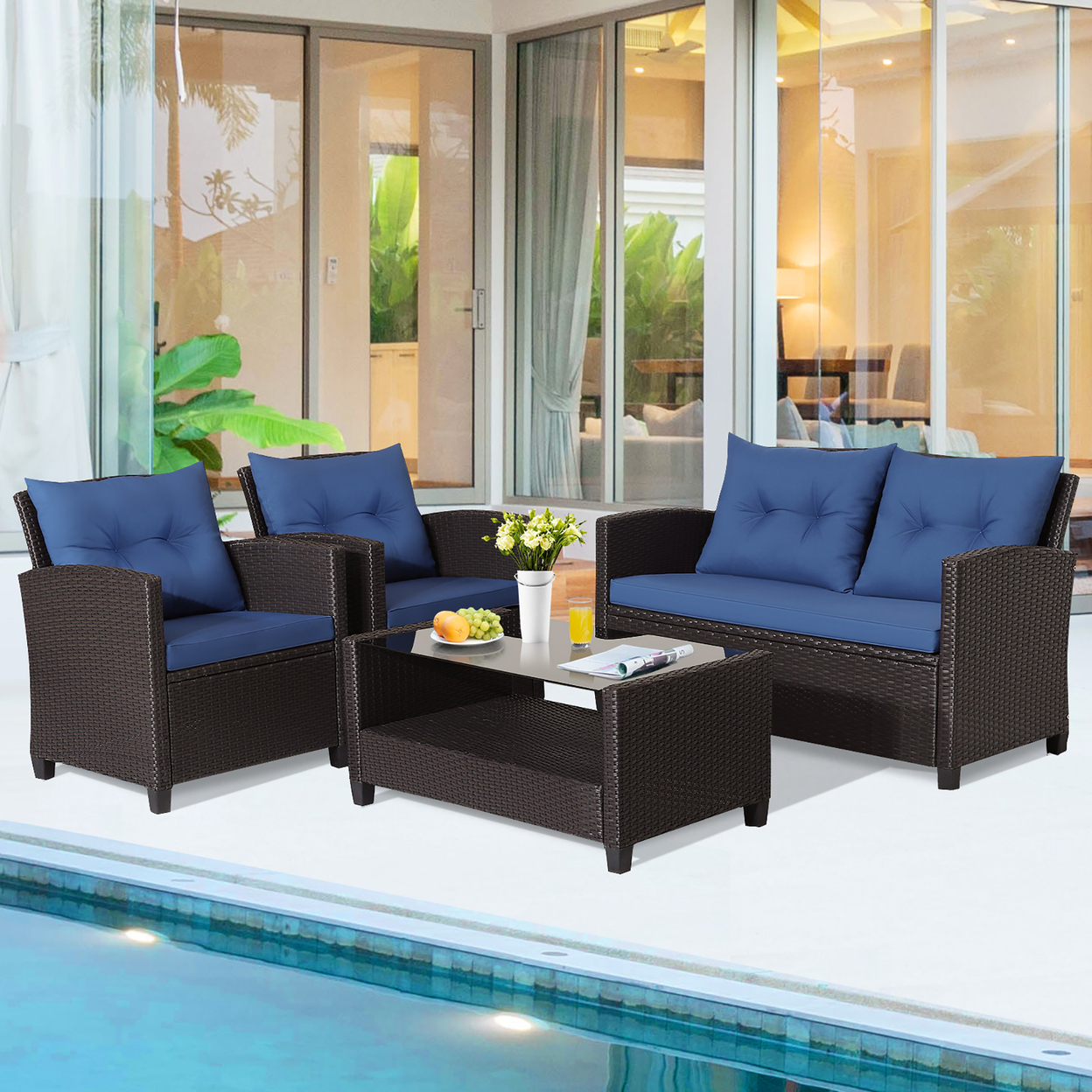 4PCS Outdoor Conversation Set Patio PE Rattan Set W/ Glass Table & Sofa Cushions - Navy