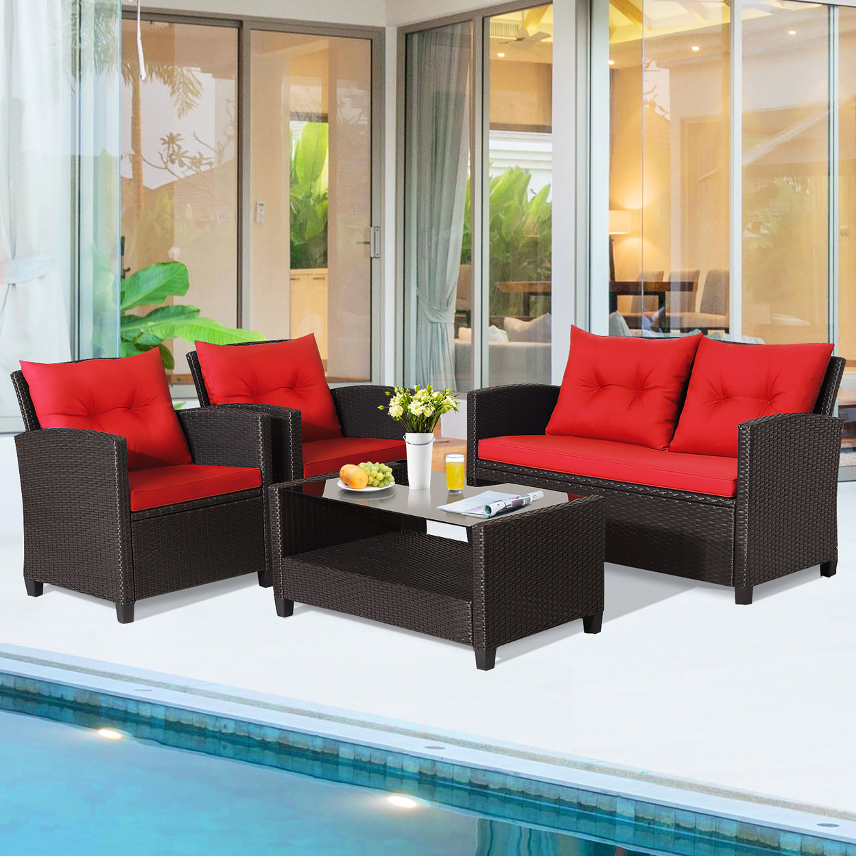 4PCS Outdoor Conversation Set Patio PE Rattan Set W/ Glass Table & Sofa Cushions - Red