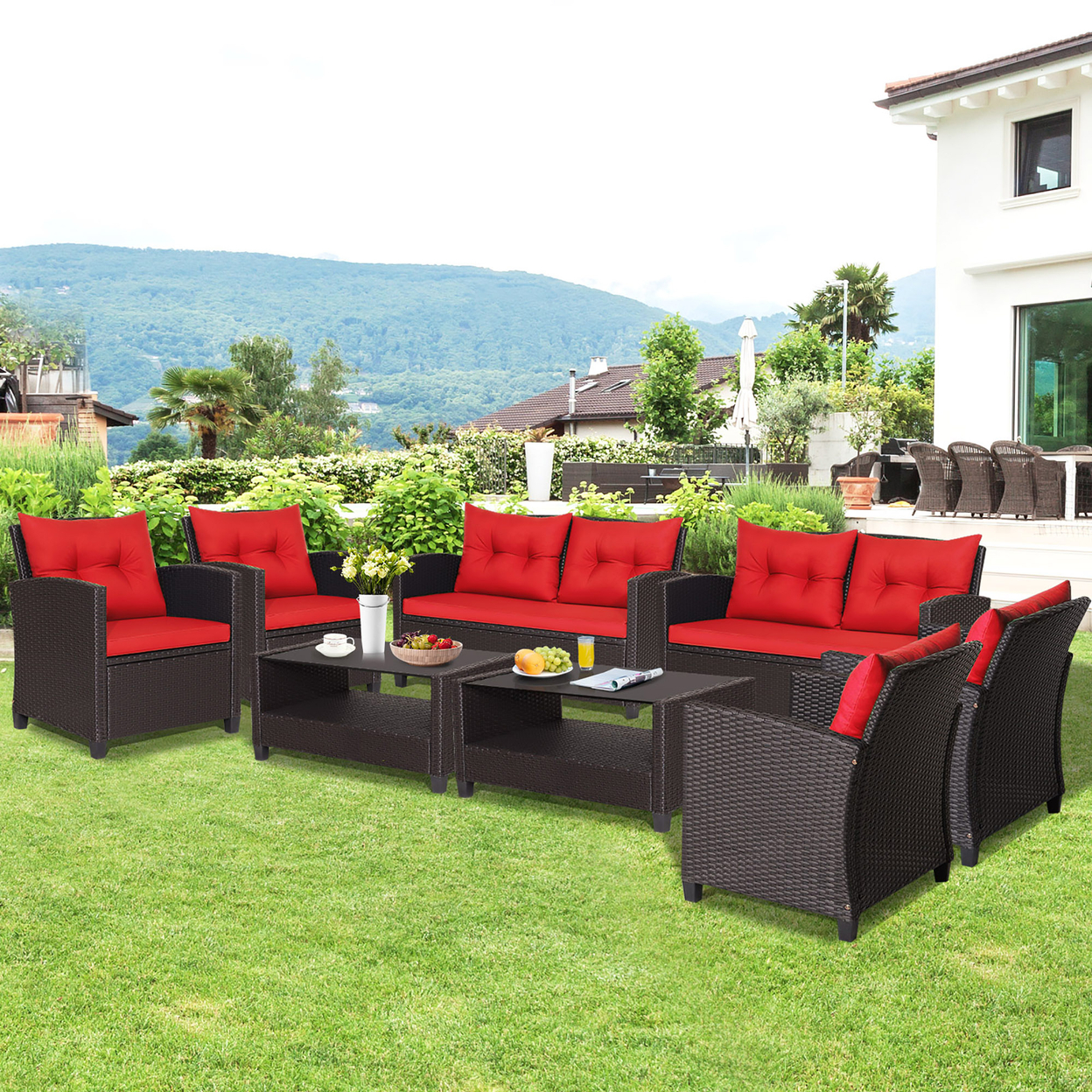 8PCS Outdoor Conversation Set Patio PE Rattan Set W/ Glass Table & Sofa Cushions - Red