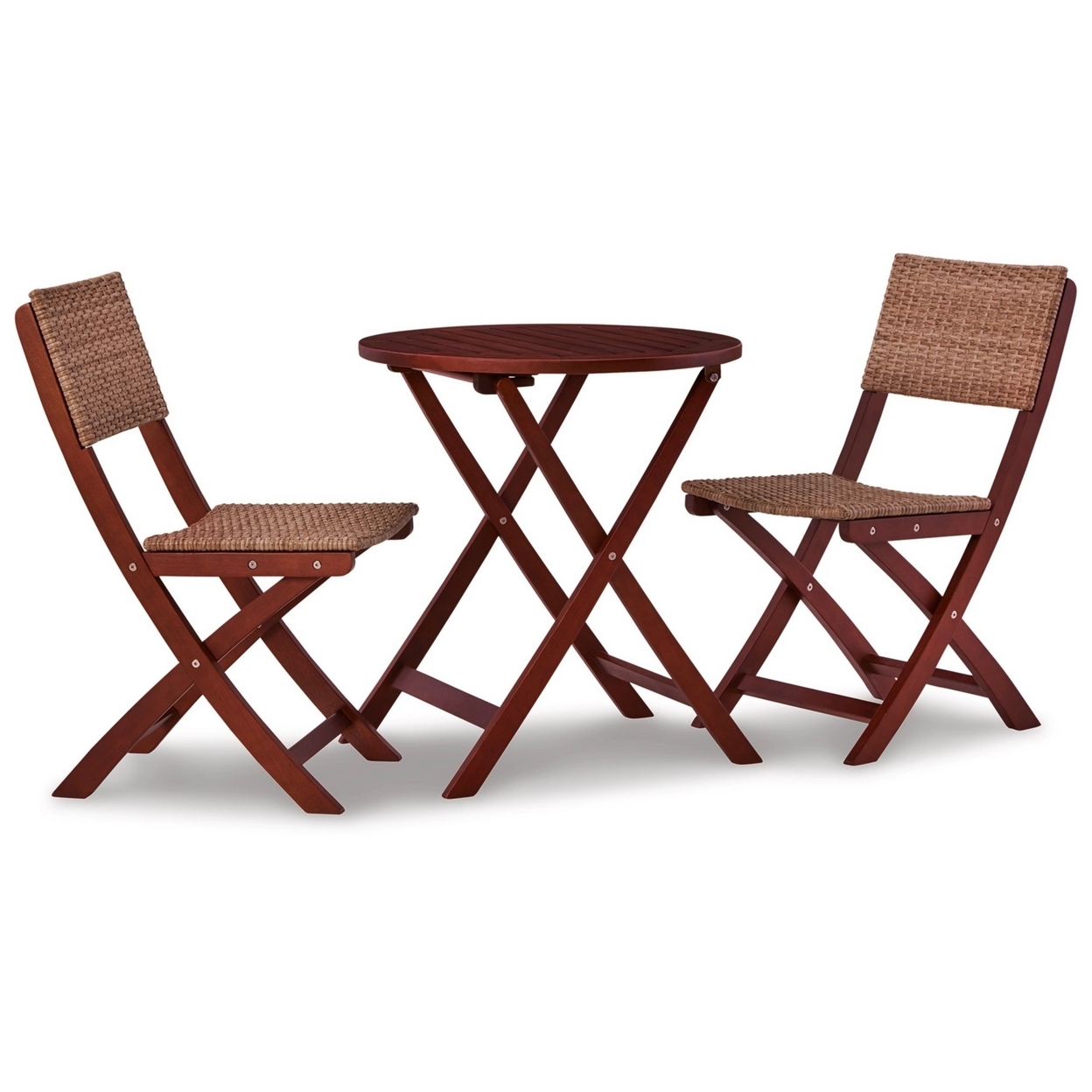 3 Piece Outdoor Bistro Set, Foldable Table And 2 Resin Wicker Chairs, Brown- Saltoro Sherpi