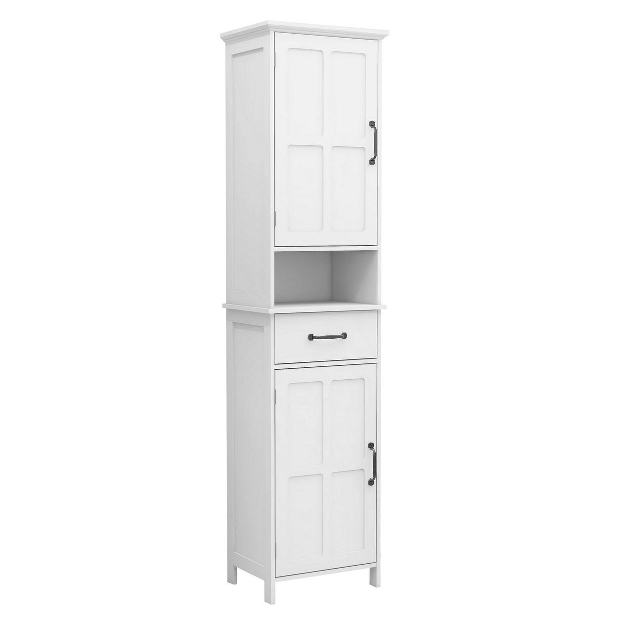65 Inch Tall Standing Cabinet With 1 Open Shelf, Black Metal Handles, White- Saltoro Sherpi