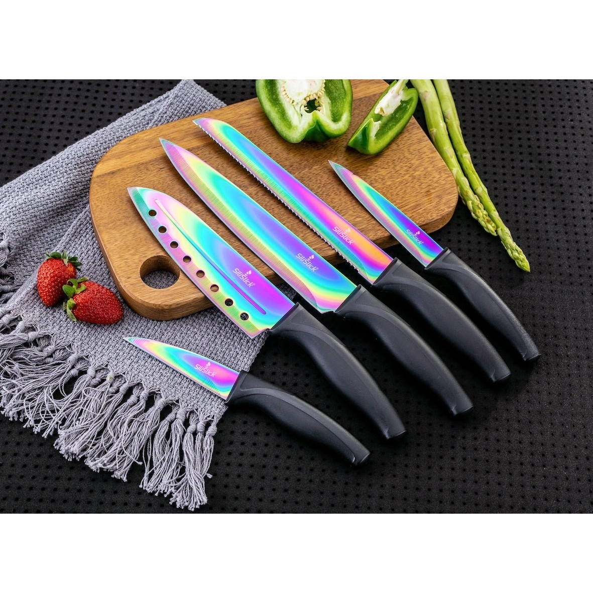 SiliSlick Stainless Steel Black Handle Knife Set - Titanium Coated Stainless Steel Kitchen Utility Knife, Santoku, Bread, Chef, & Paring
