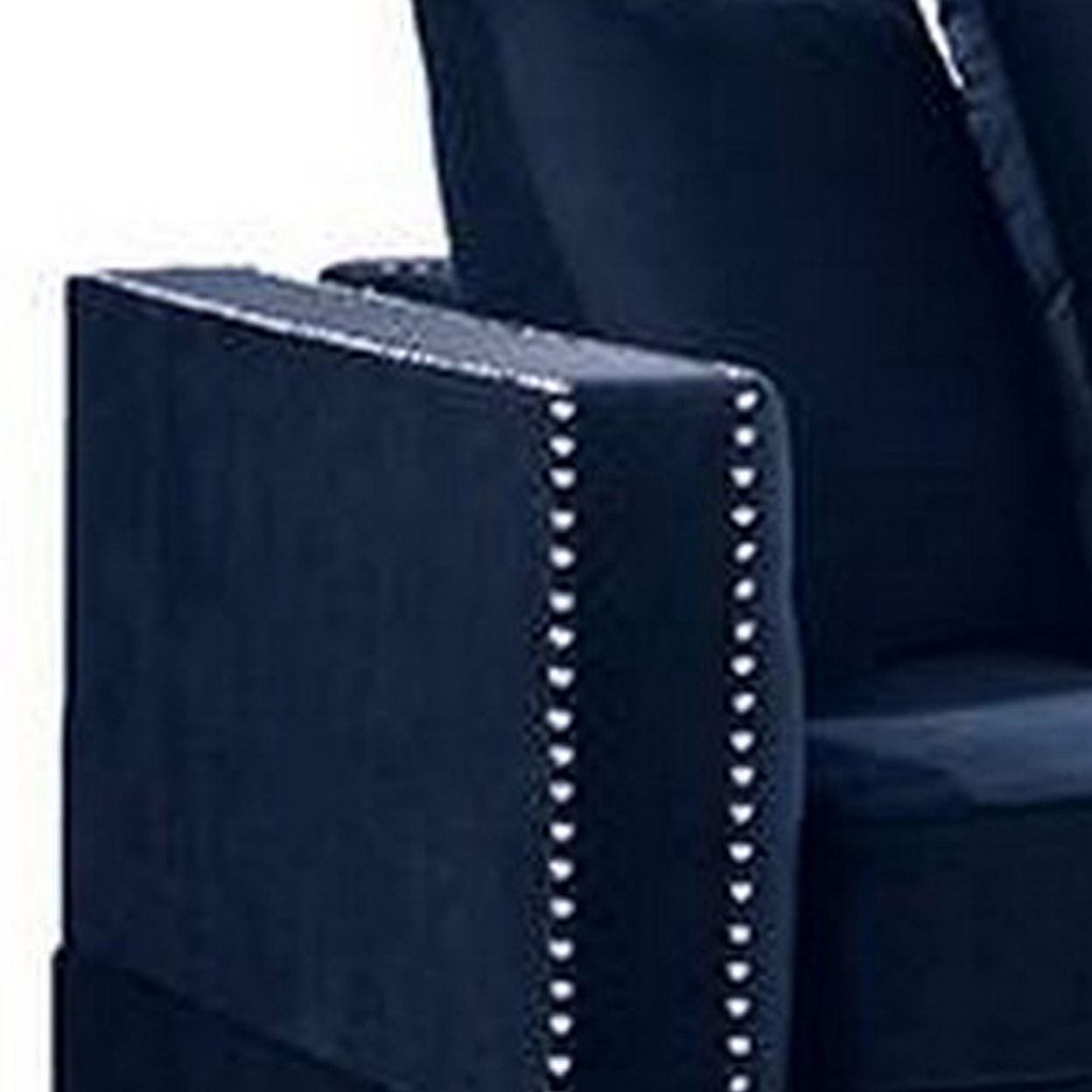 Mina 58 Inch One Arm Reversible Chaise, 2 Pillows, Nailhead Trim, Indigo- Saltoro Sherpi
