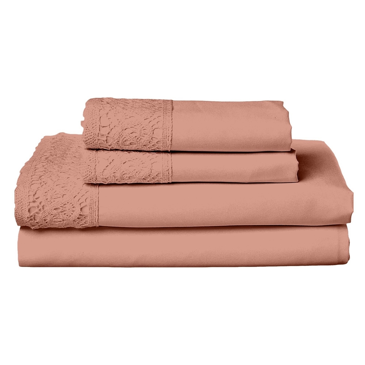Edra 4 Piece Microfiber King Size Bed Sheet Set, Crochet Lace, Dusty Pink- Saltoro Sherpi