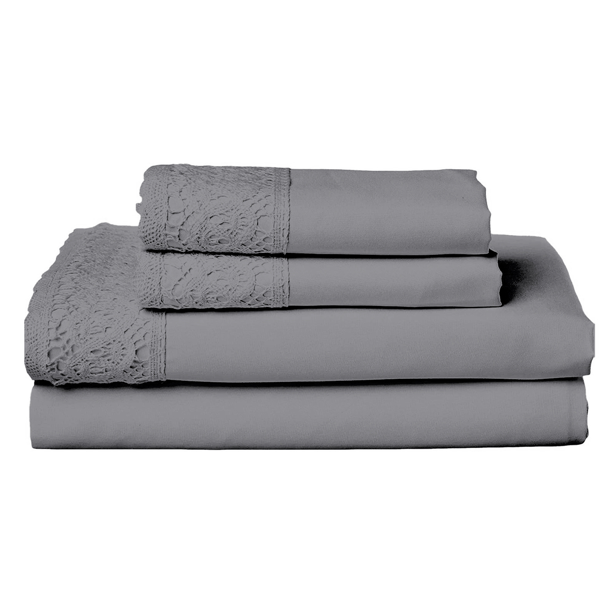 Edra 4 Piece Microfiber King Size Bed Sheet Set With Crochet Lace, Gray- Saltoro Sherpi