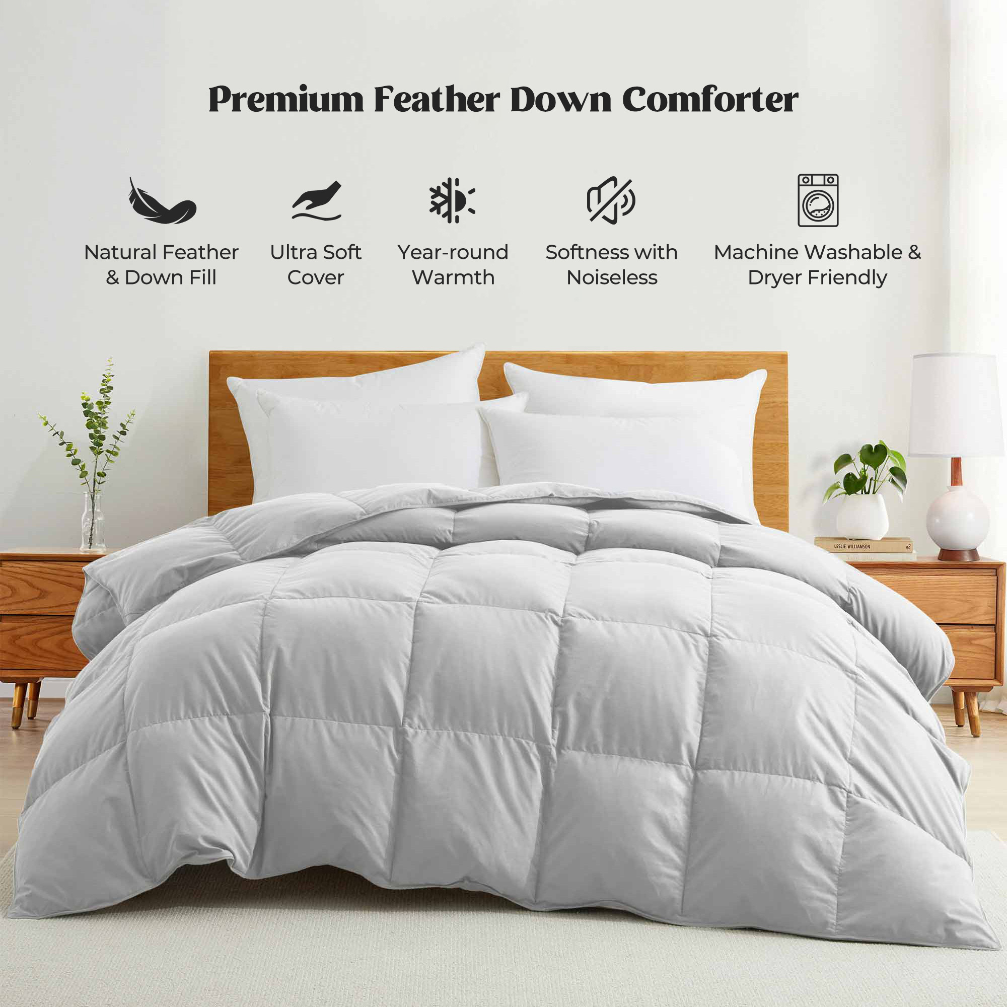 All Seasons Goose Down Feather Comforter Ultra Soft Comforter With Peach Skin Fabric - Nimbus Cloud, King-104*88