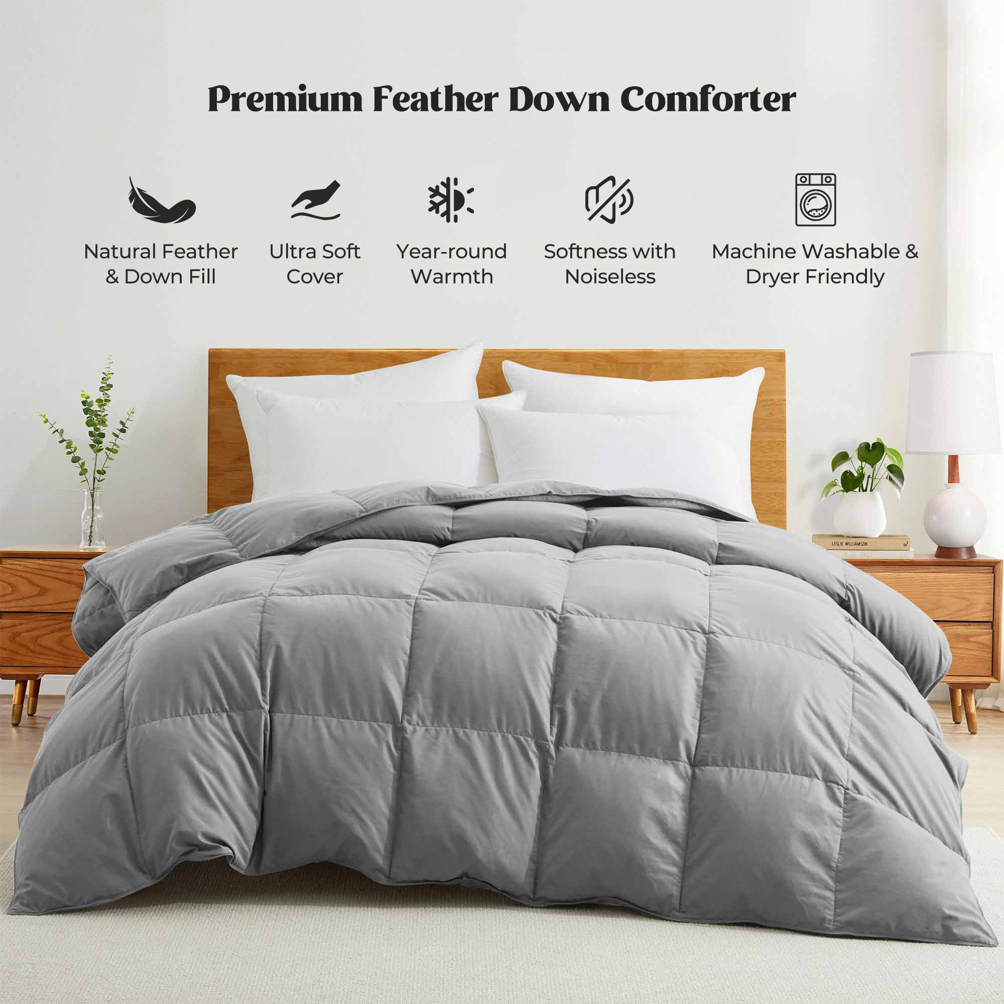 All Seasons Goose Down Feather Comforter Ultra Soft Comforter With Peach Skin Fabric - Whale Grey, Twin-68*88