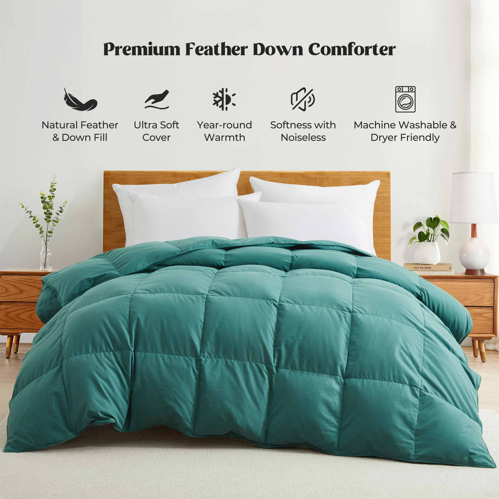 All Seasons Goose Down Feather Comforter Ultra Soft Comforter With Peach Skin Fabric - Laurel Green, Full/Queen-88*88